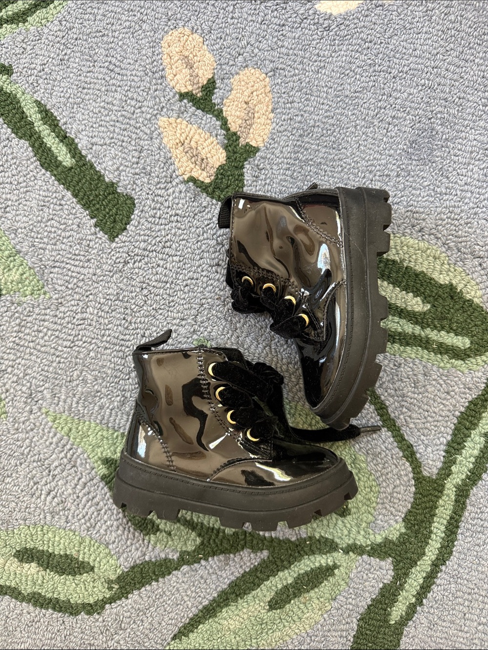 H&M Black Patent Lace-Up Kids Ankle Boots with Chunky Sole